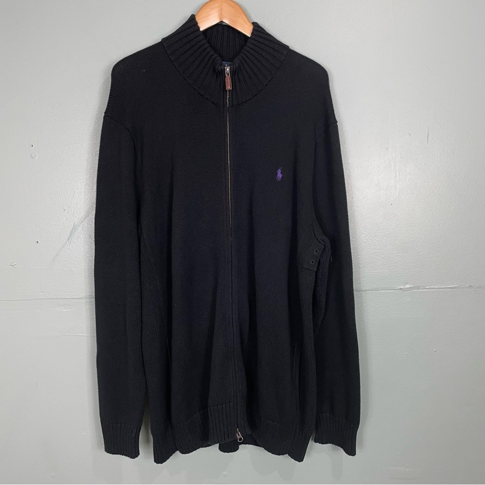 Vintage Polo by Ralph Lauren Mens Full Zip Fleece Sweater Black Purple Size XL T